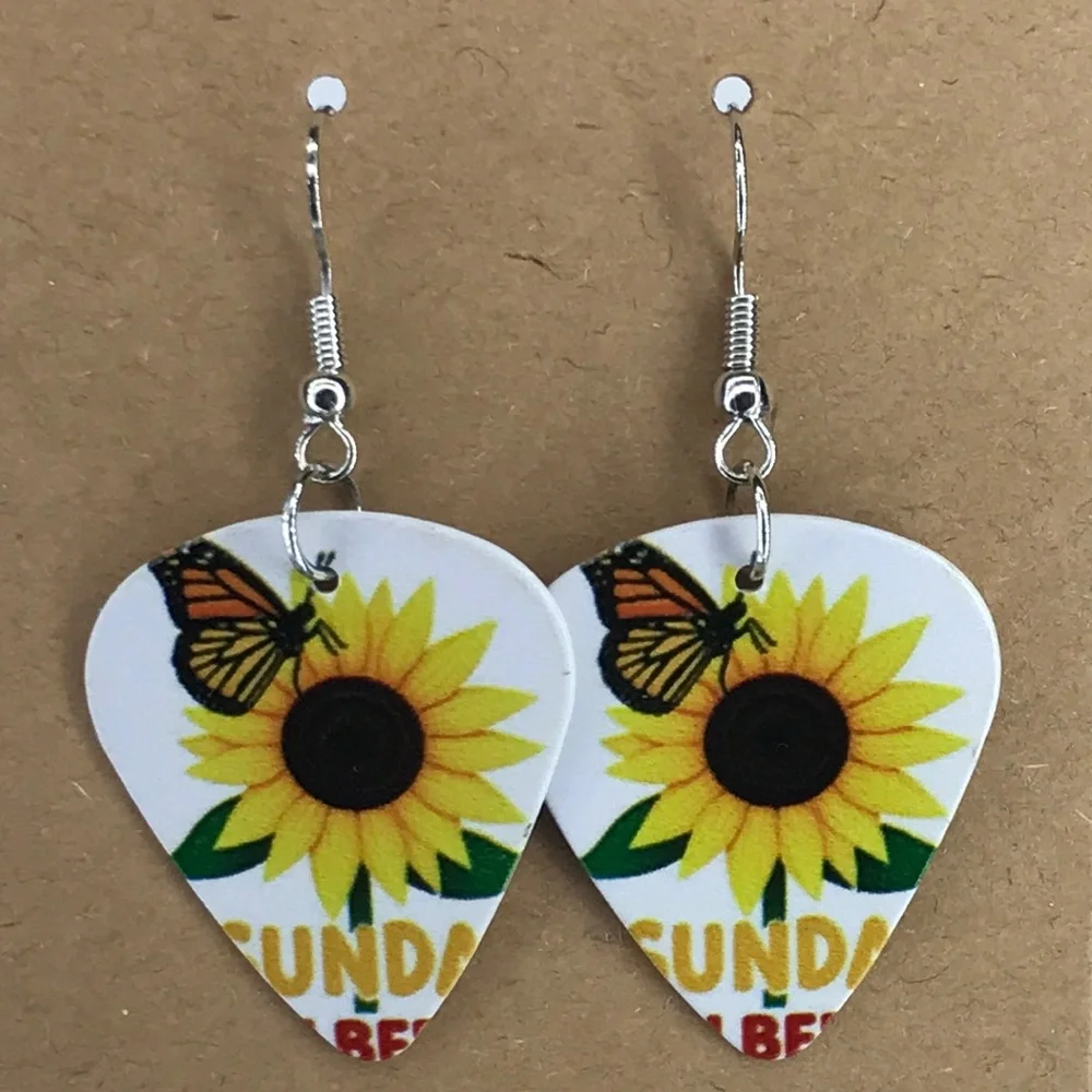 Sunflower Guitar Pick Custom Earrings Fashion Jewelry - Picture 4 of 4